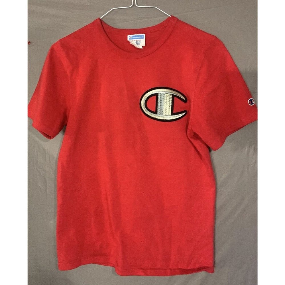 Vintage 90’s Champion Blue Bar T-Shirt Rare Tweed Embroidery Size XS Men RARE